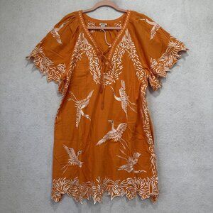 Sundance Tunic Dress Womens Medium Orange Embroidered Crane Boho Scallop Hem